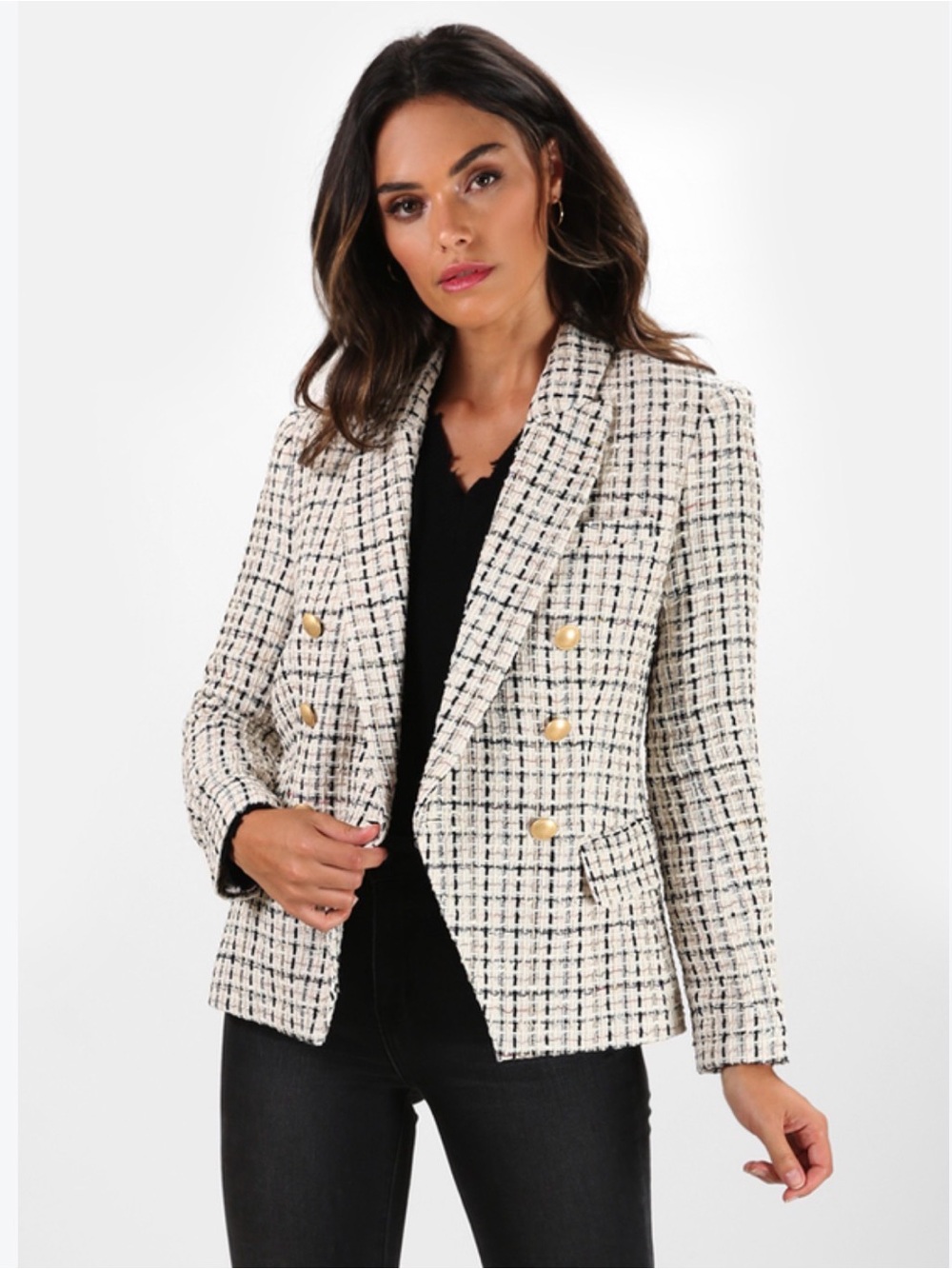 L'Agence Kenzie Ivory Multi Tweed Double Breasted Blazer